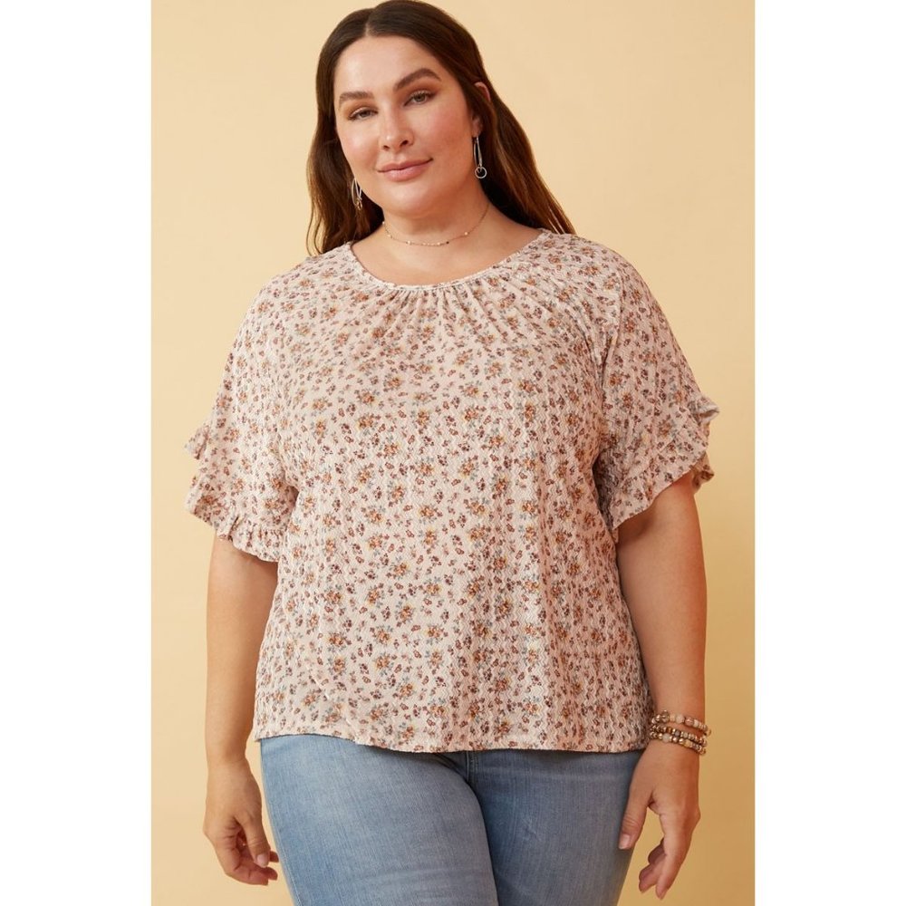 Hayden Plus Beige Floral Print Woven Round Neck Velvet Knit Ruffle Sleeve Top